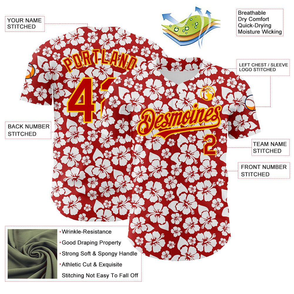 Custom Red Yellow 3D Pattern Design Tropical Hawaii Flower Authentic Baseball Jersey - Sky-Custom