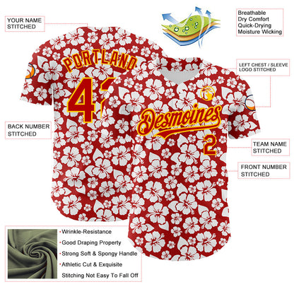 Custom Red Yellow 3D Pattern Design Tropical Hawaii Flower Authentic Baseball Jersey - Sky-Custom