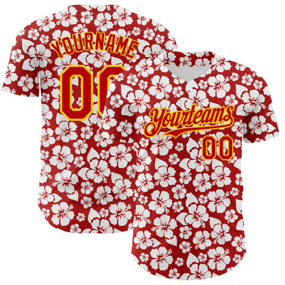 Custom Red Yellow 3D Pattern Design Tropical Hawaii Flower Authentic Baseball Jersey - Sky-Custom