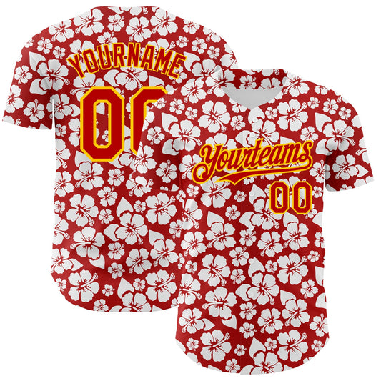 Custom Red Yellow 3D Pattern Design Tropical Hawaii Flower Authentic Baseball Jersey - Sky-Custom