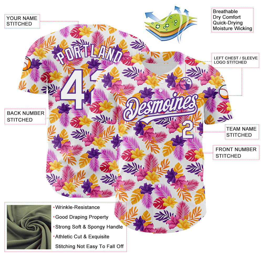 Custom White Purple 3D Pattern Design Tropical Flower And Hawaii Palm Leaves Authentic Baseball Jersey - Sky-Custom
