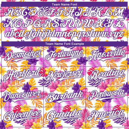 Custom White Purple 3D Pattern Design Tropical Flower And Hawaii Palm Leaves Authentic Baseball Jersey - Sky-Custom