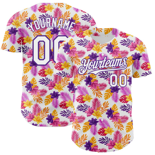Custom White Purple 3D Pattern Design Tropical Flower And Hawaii Palm Leaves Authentic Baseball Jersey - Sky-Custom
