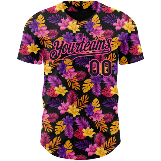 Custom Black Pink 3D Pattern Design Tropical Flower And Hawaii Palm Leaves Authentic Baseball Jersey - Sky-Custom
