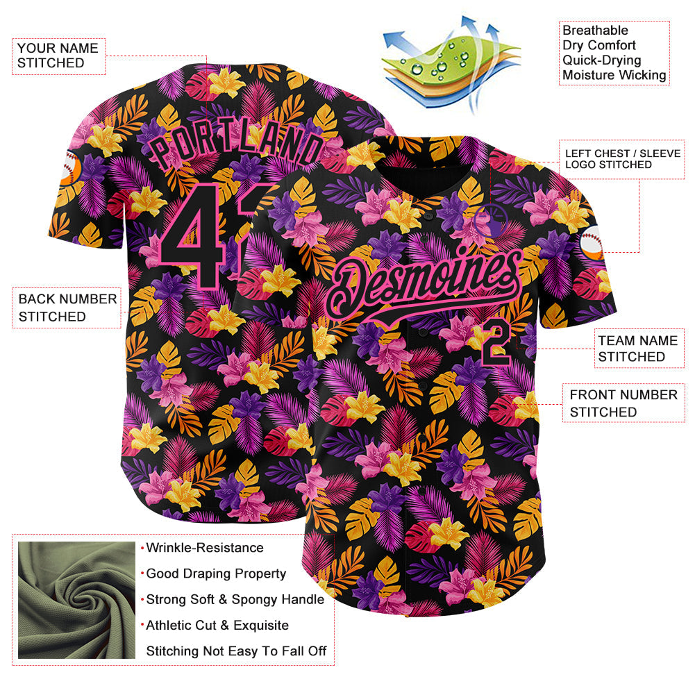 Custom Black Pink 3D Pattern Design Tropical Flower And Hawaii Palm Leaves Authentic Baseball Jersey - Sky-Custom
