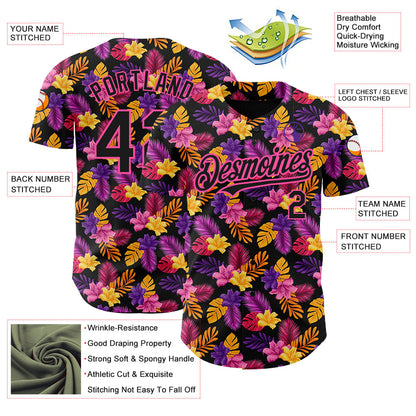 Custom Black Pink 3D Pattern Design Tropical Flower And Hawaii Palm Leaves Authentic Baseball Jersey - Sky-Custom
