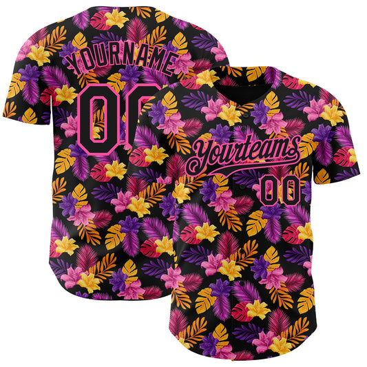 Custom Black Pink 3D Pattern Design Tropical Flower And Hawaii Palm Leaves Authentic Baseball Jersey - Sky-Custom