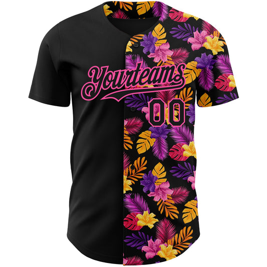 Custom Black Pink 3D Pattern Design Tropical Flower And Hawaii Palm Leaves Authentic Baseball Jersey - Sky-Custom