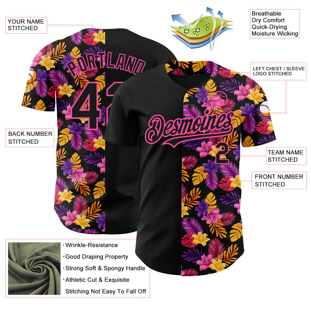 Custom Black Pink 3D Pattern Design Tropical Flower And Hawaii Palm Leaves Authentic Baseball Jersey - Sky-Custom