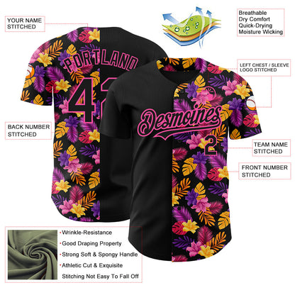 Custom Black Pink 3D Pattern Design Tropical Flower And Hawaii Palm Leaves Authentic Baseball Jersey - Sky-Custom