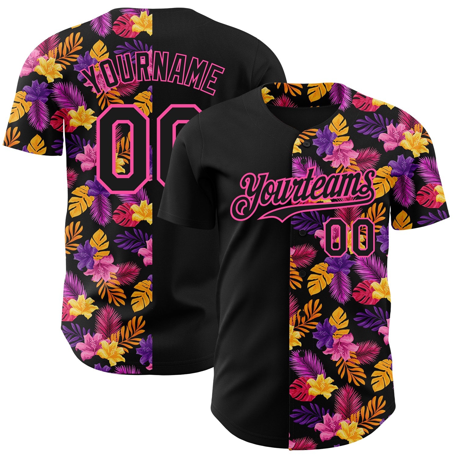 Custom Black Pink 3D Pattern Design Tropical Flower And Hawaii Palm Leaves Authentic Baseball Jersey - Sky-Custom