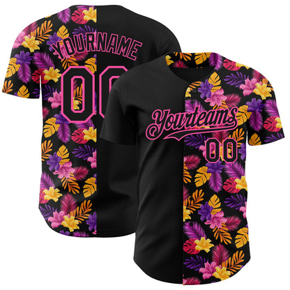 Custom Black Pink 3D Pattern Design Tropical Flower And Hawaii Palm Leaves Authentic Baseball Jersey - Sky-Custom