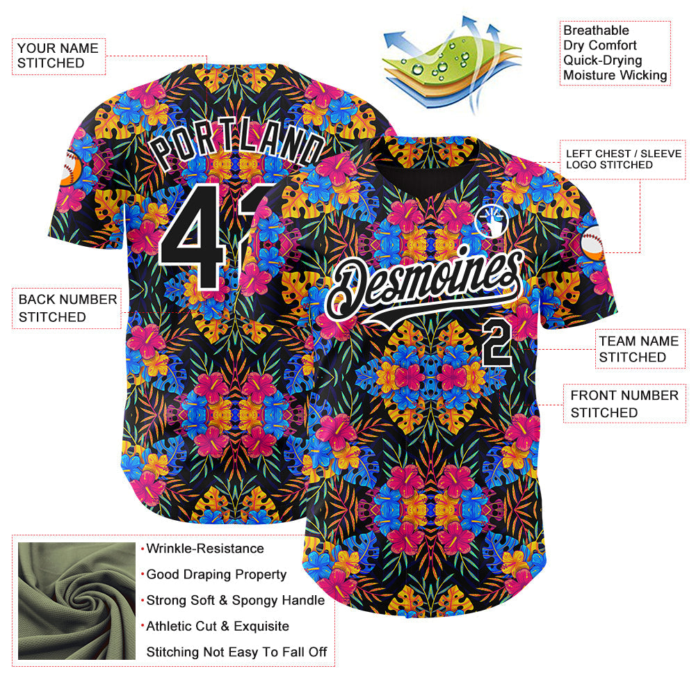 Custom Black White 3D Pattern Design Tropical Flower And Hawaii Palm Leaves Authentic Baseball Jersey - Sky-Custom