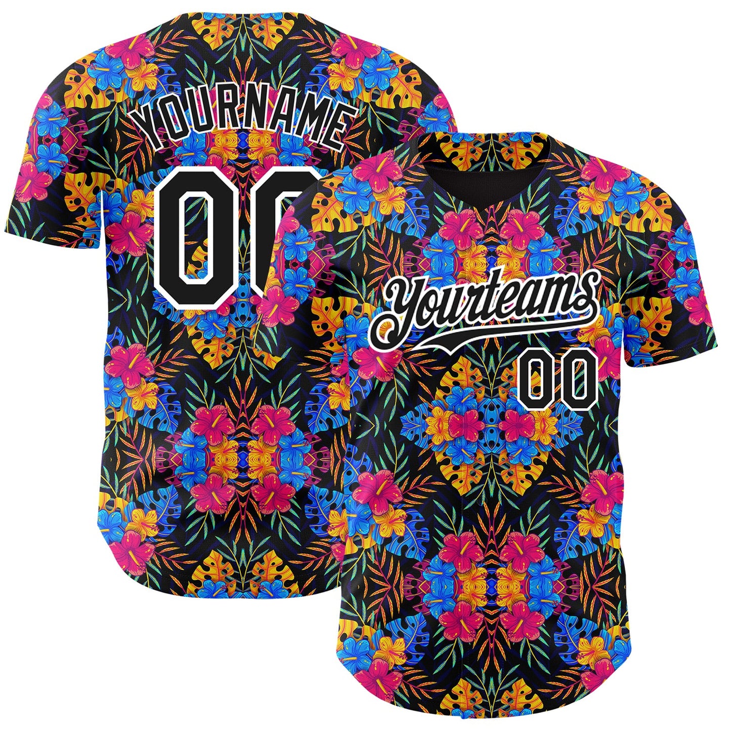 Custom Black White 3D Pattern Design Tropical Flower And Hawaii Palm Leaves Authentic Baseball Jersey - Sky-Custom
