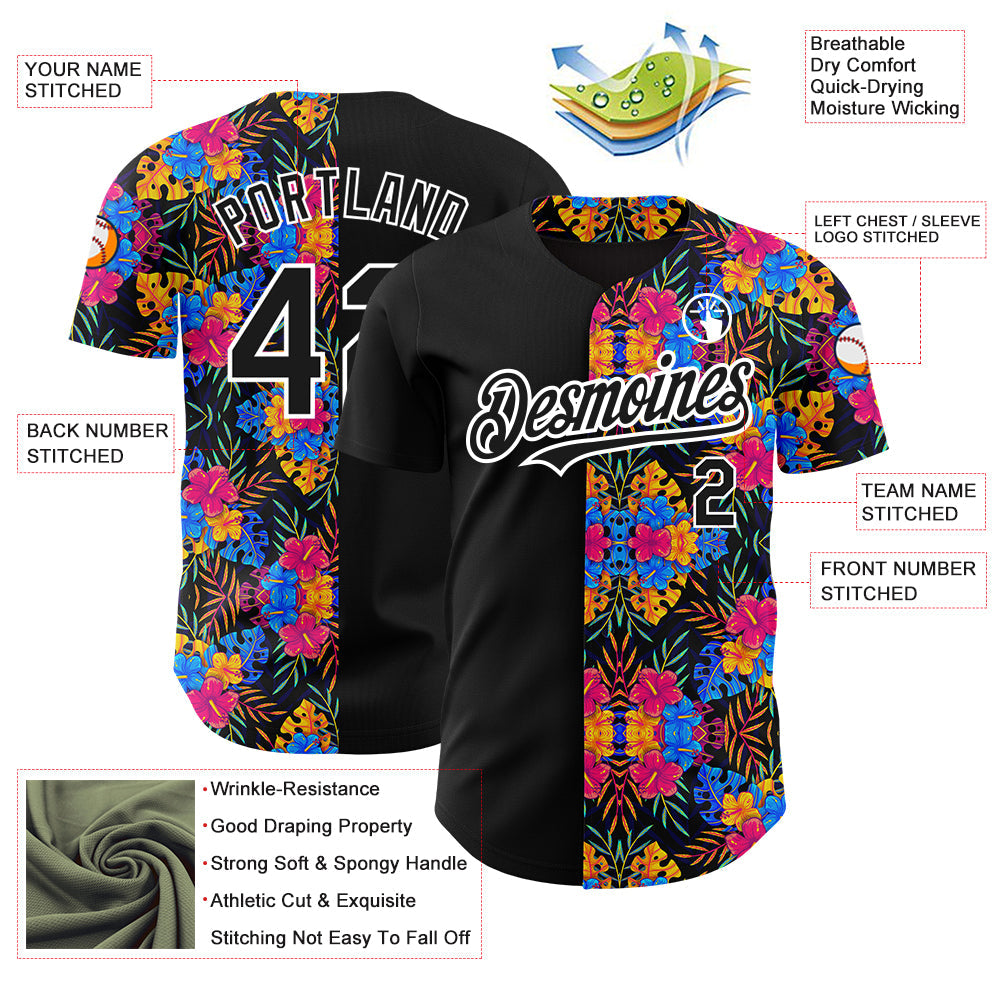 Custom Black White 3D Pattern Design Tropical Flower And Hawaii Palm Leaves Authentic Baseball Jersey - Sky-Custom
