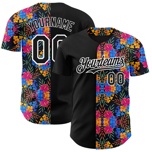 Custom Black White 3D Pattern Design Tropical Flower And Hawaii Palm Leaves Authentic Baseball Jersey - Sky-Custom