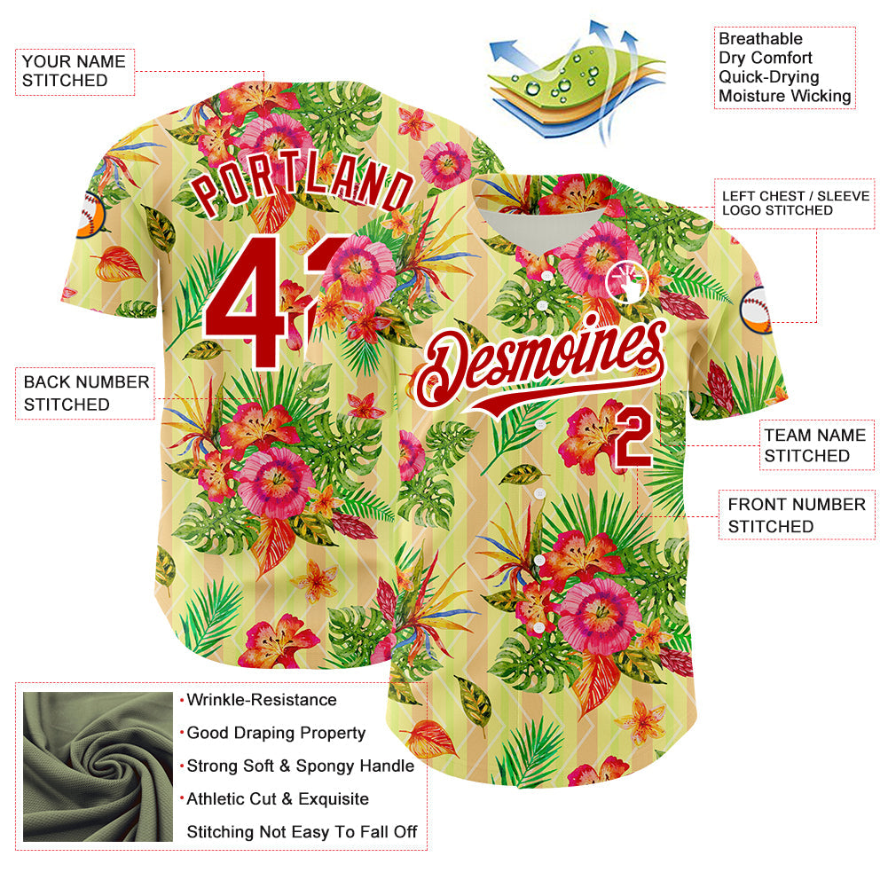 Custom Neon Yellow Red-White 3D Pattern Design Tropical Flower And Hawaii Palm Leaves Authentic Baseball Jersey - Sky-Custom