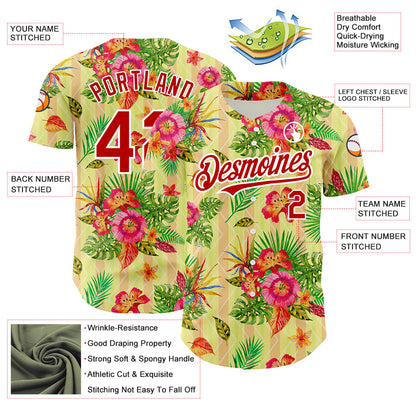 Custom Neon Yellow Red-White 3D Pattern Design Tropical Flower And Hawaii Palm Leaves Authentic Baseball Jersey - Sky-Custom