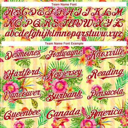 Custom Neon Yellow Red-White 3D Pattern Design Tropical Flower And Hawaii Palm Leaves Authentic Baseball Jersey - Sky-Custom