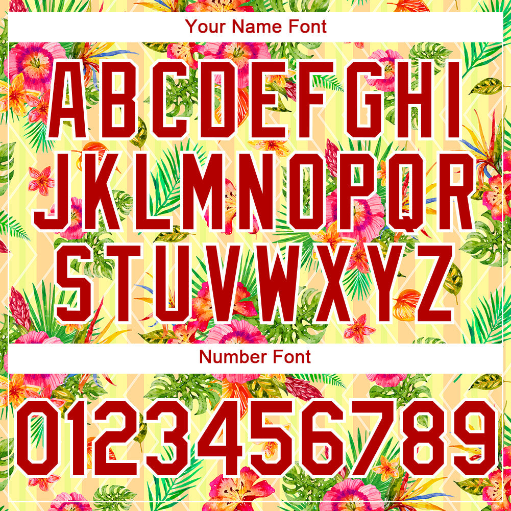 Custom Neon Yellow Red-White 3D Pattern Design Tropical Flower And Hawaii Palm Leaves Authentic Baseball Jersey - Sky-Custom