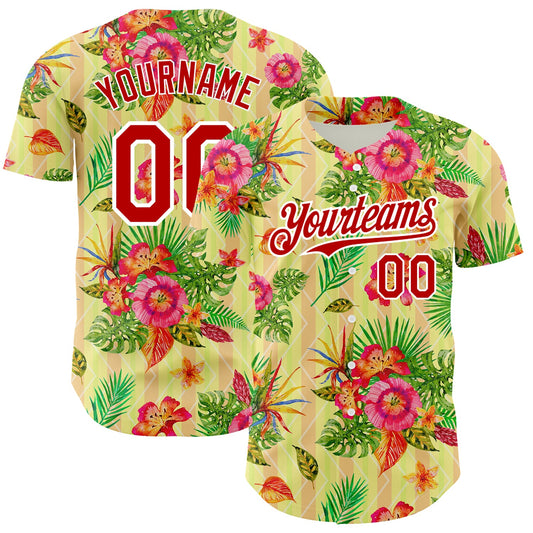 Custom Neon Yellow Red-White 3D Pattern Design Tropical Flower And Hawaii Palm Leaves Authentic Baseball Jersey - Sky-Custom