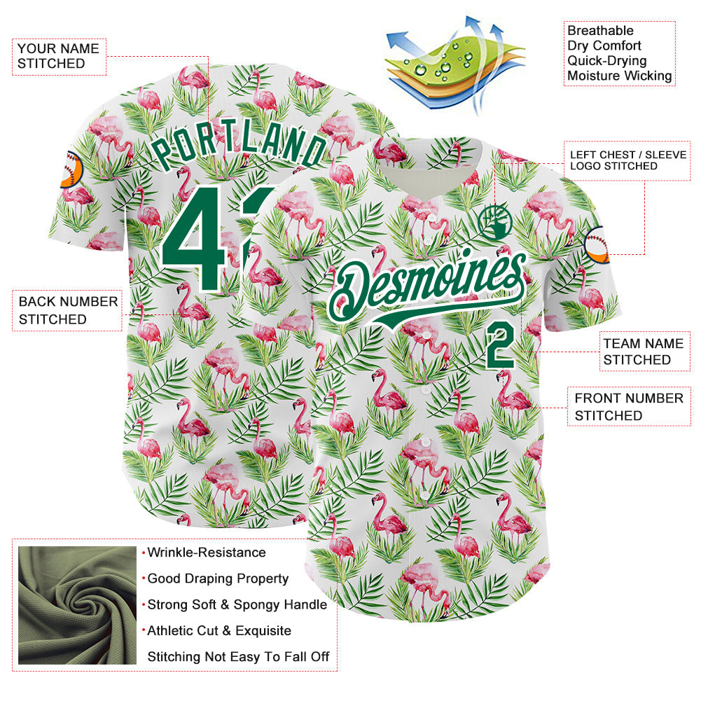 Custom White Kelly Green 3D Pattern Design Tropical Hawaii Palm Leaves And Flamingo Authentic Baseball Jersey - Sky-Custom