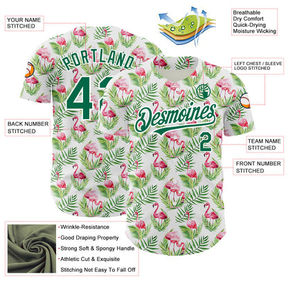 Custom White Kelly Green 3D Pattern Design Tropical Hawaii Palm Leaves And Flamingo Authentic Baseball Jersey - Sky-Custom