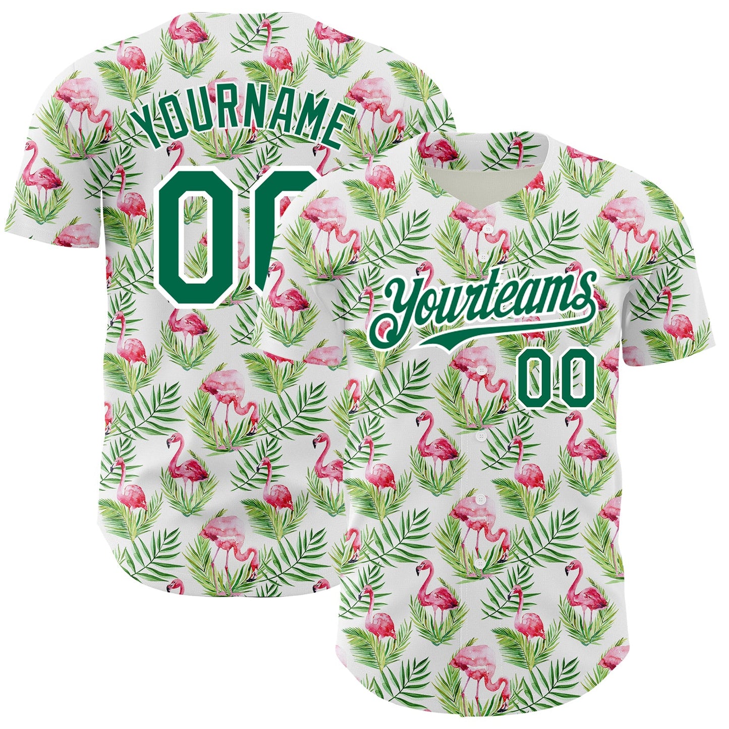 Custom White Kelly Green 3D Pattern Design Tropical Hawaii Palm Leaves And Flamingo Authentic Baseball Jersey - Sky-Custom