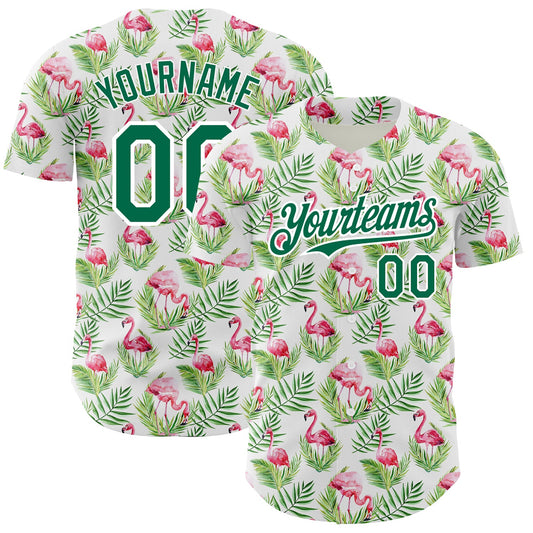 Custom White Kelly Green 3D Pattern Design Tropical Hawaii Palm Leaves And Flamingo Authentic Baseball Jersey - Sky-Custom