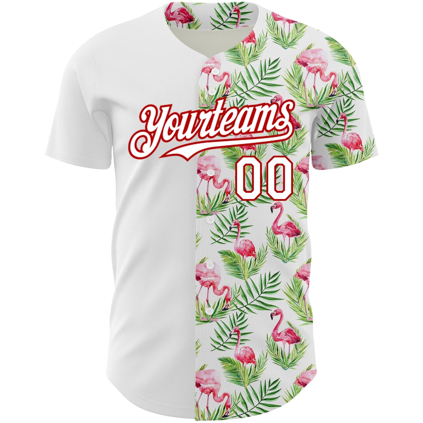 Custom White Red 3D Pattern Design Tropical Hawaii Palm Leaves And Flamingo Authentic Baseball Jersey - Sky-Custom