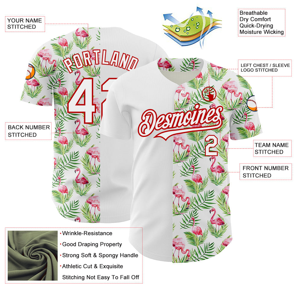 Custom White Red 3D Pattern Design Tropical Hawaii Palm Leaves And Flamingo Authentic Baseball Jersey - Sky-Custom