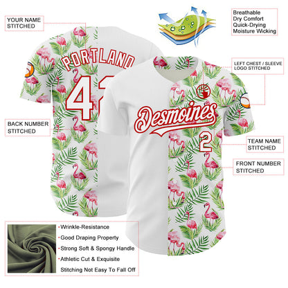Custom White Red 3D Pattern Design Tropical Hawaii Palm Leaves And Flamingo Authentic Baseball Jersey - Sky-Custom