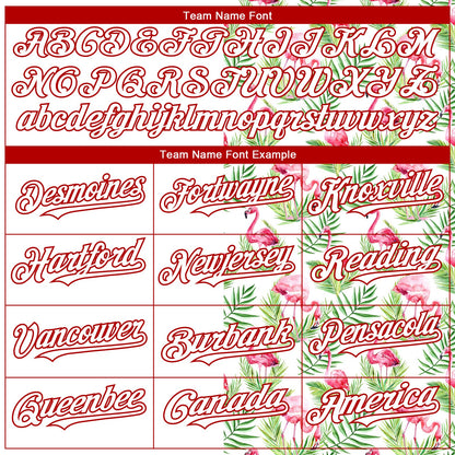 Custom White Red 3D Pattern Design Tropical Hawaii Palm Leaves And Flamingo Authentic Baseball Jersey - Sky-Custom