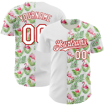 Custom White Red 3D Pattern Design Tropical Hawaii Palm Leaves And Flamingo Authentic Baseball Jersey - Sky-Custom