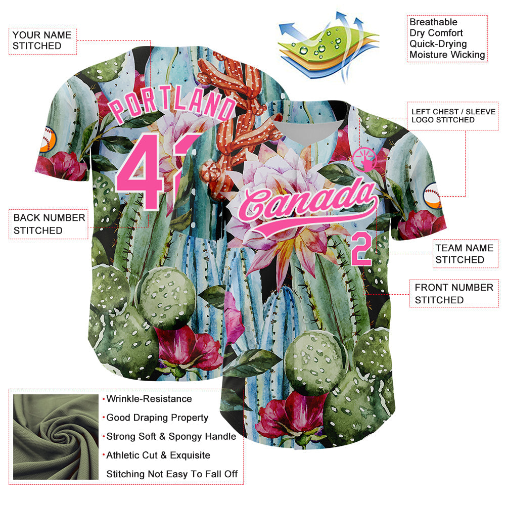 Custom Green Pink-White 3D Pattern Design Cactus Festival Authentic Baseball Jersey - Sky-Custom