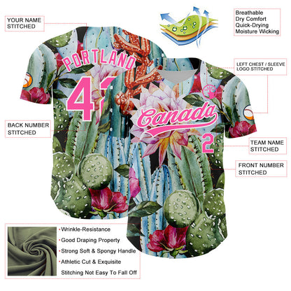 Custom Green Pink-White 3D Pattern Design Cactus Festival Authentic Baseball Jersey - Sky-Custom