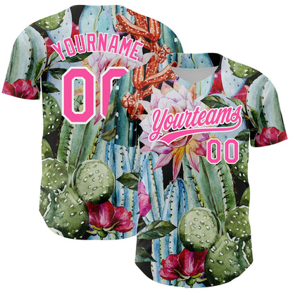 Custom Green Pink-White 3D Pattern Design Cactus Festival Authentic Baseball Jersey - Sky-Custom