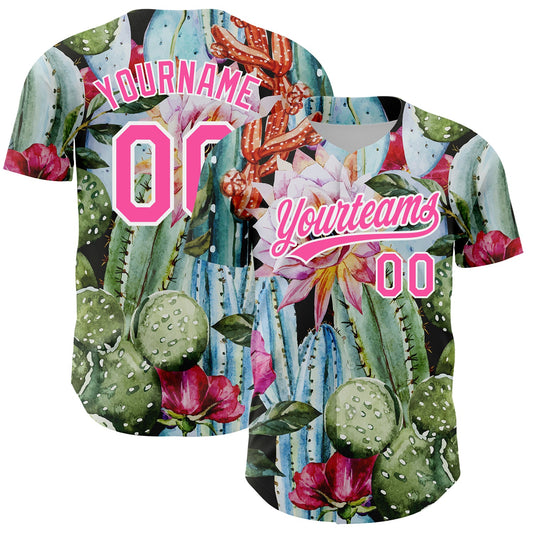 Custom Green Pink-White 3D Pattern Design Cactus Festival Authentic Baseball Jersey - Sky-Custom