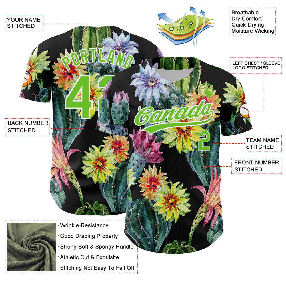 Custom Black Aurora Green-White 3D Pattern Design Cactus Festival Authentic Baseball Jersey - Sky-Custom