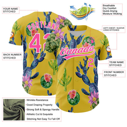 Custom Yellow Pink-White 3D Pattern Design Cactus Festival Authentic Baseball Jersey - Sky-Custom