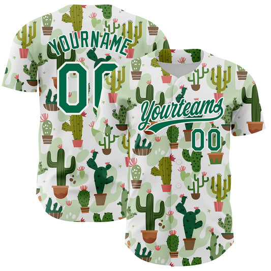 Custom White Kelly Green 3D Pattern Design Cactus Festival Authentic Baseball Jersey - Sky-Custom
