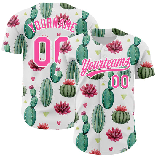 Custom White Pink 3D Pattern Design Cactus Festival Authentic Baseball Jersey - Sky-Custom