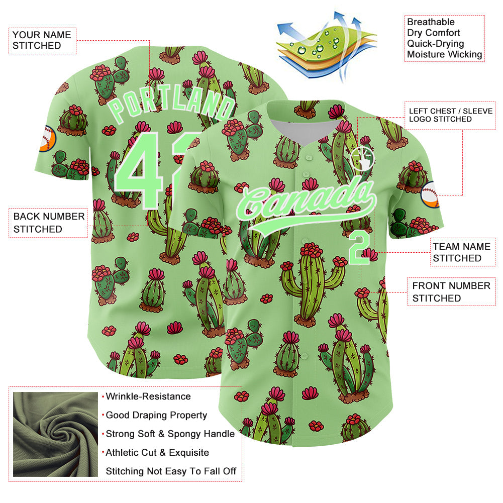 Custom Green Pea Green-White 3D Pattern Design Cactus Festival Authentic Baseball Jersey - Sky-Custom