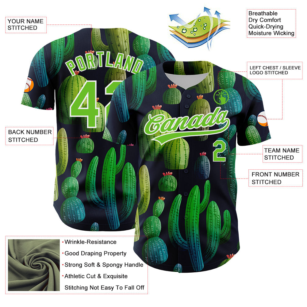 Custom Navy Aurora Green-White 3D Pattern Design Cactus Festival Authentic Baseball Jersey - Sky-Custom