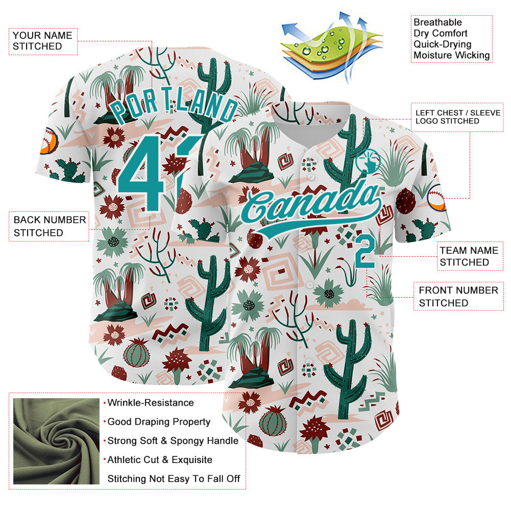 Custom White Teal 3D Pattern Design Cactus Festival Authentic Baseball Jersey - Sky-Custom