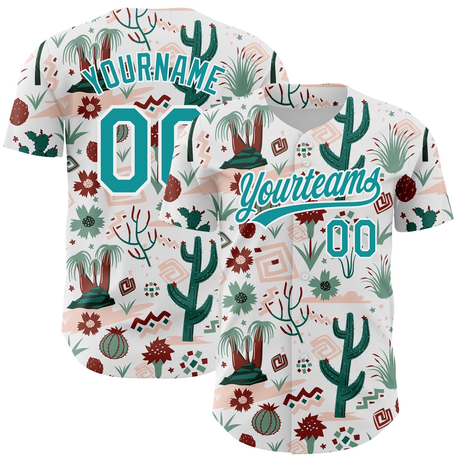 Custom White Teal 3D Pattern Design Cactus Festival Authentic Baseball Jersey - Sky-Custom