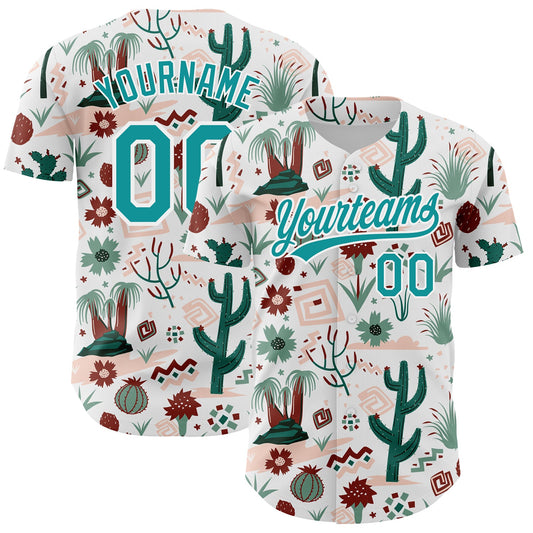 Custom White Teal 3D Pattern Design Cactus Festival Authentic Baseball Jersey - Sky-Custom