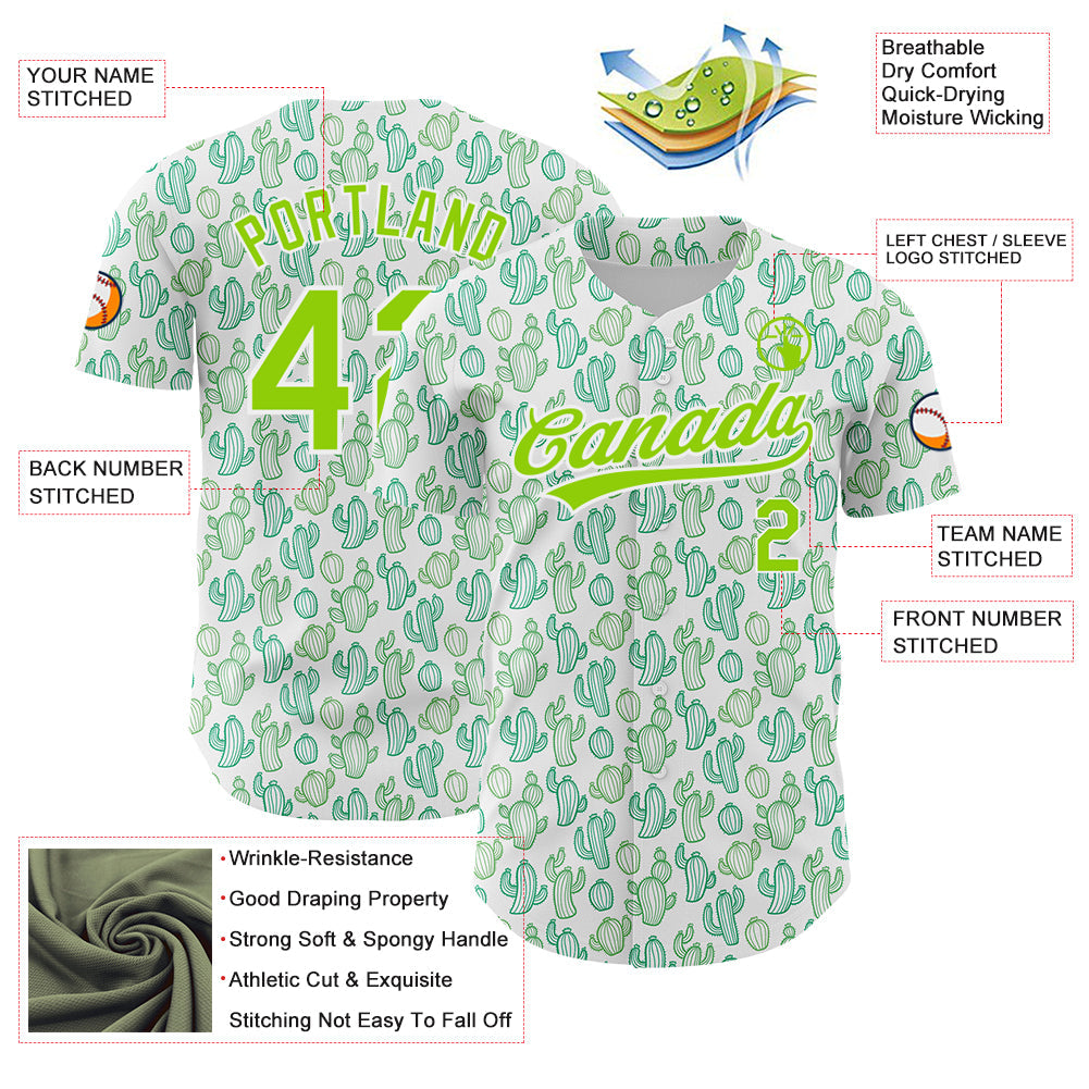 Custom White Neon Green 3D Pattern Design Cactus Festival Authentic Baseball Jersey - Sky-Custom