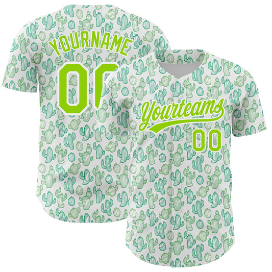 Custom White Neon Green 3D Pattern Design Cactus Festival Authentic Baseball Jersey - Sky-Custom