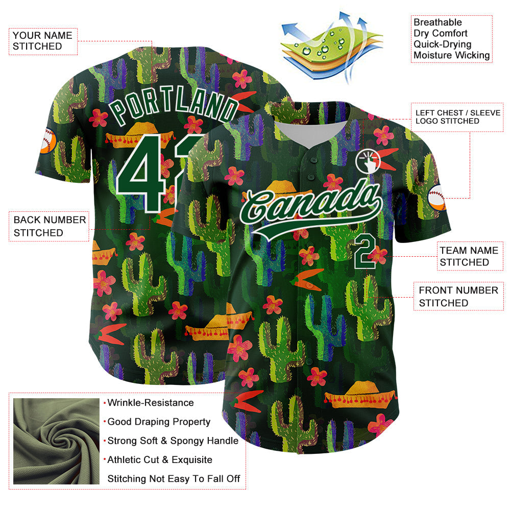 Custom Green White 3D Pattern Design Cactus Festival Authentic Baseball Jersey - Sky-Custom